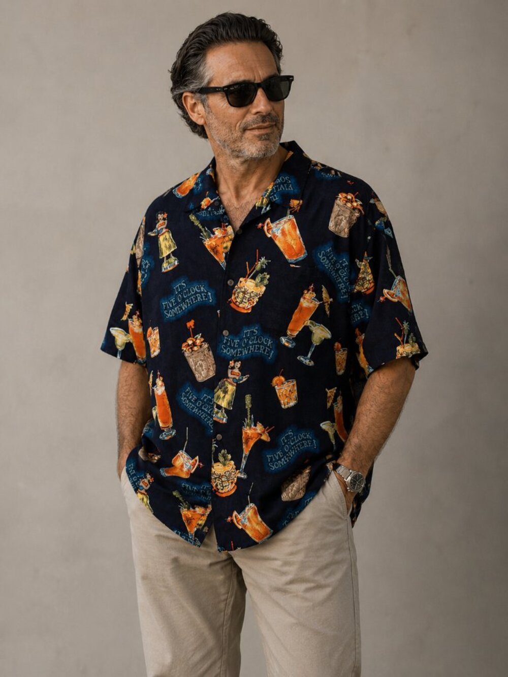 VINTAGE Big Dog Its Five Oclock Cocktail Linen Blend Button Up Short Sleeve Shir